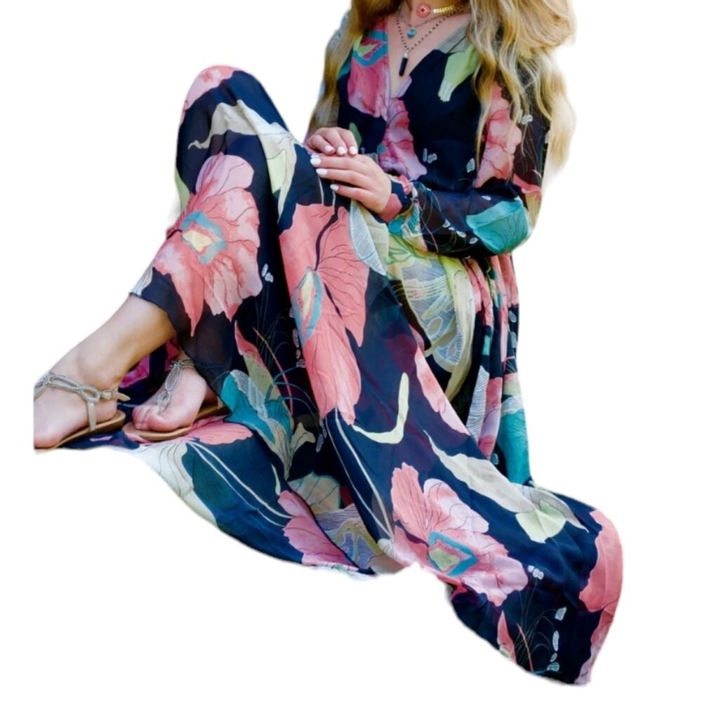 Anthropologie Aakaa Formal Maxi Dress Sz Small BLACK PINK Floral Wedding Elegant - Picture 13 of 15